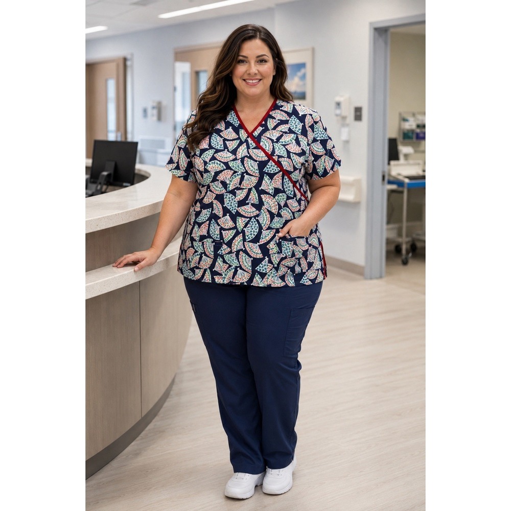 fashion scrubs women's scrub top size 3XL pink and blue fan design mock wrap NEW